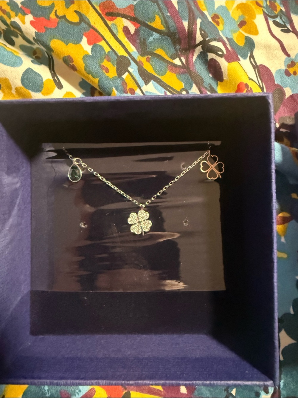 Swarovski Silver Necklace with Green Crystal and Four-Leaf Clover Charms